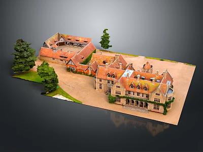 Cartoon Scene Of Traditional Buildings With Red Roofs Green Trees Lawn And Driveway 3d model