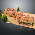 Cartoon Scene Of Traditional Buildings With Red Roofs Green Trees Lawn And Driveway