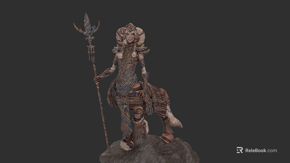 Cloaked Mythical Creature with Ram Horns Staff and Animal Form on Rock Pedestal 3d model