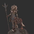 Cloaked Mythical Creature with Ram Horns Staff and Animal Form on Rock Pedestal 3d model