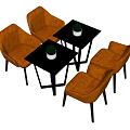 Modern Table and Chair Set with Black Square Tables Orange Chairs and Small Potted Plants