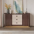 Elegant Dark Brown Storage Cabinet With Woven Drawer Panels Gold Base And Top Decorative Items