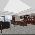 Spacious Modern Office With Wooden Furniture Large Window City View Bookshelves Glass Doors Carpeted Floor