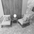 Modern Leisure Sofa Combination With Black Metal Frames Gray Cushions Side Table And Wooden Wall