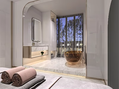 Luxurious SPA Sauna Room With Modern Design Marble Floor Copper Bathtub And Soft Towels 3d model
