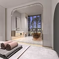 Luxurious SPA Sauna Room With Modern Design Marble Floor Copper Bathtub And Soft Towels