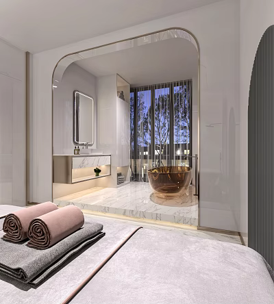 Luxurious SPA Sauna Room With Modern Design Marble Floor Copper Bathtub And Soft Towels 3d model