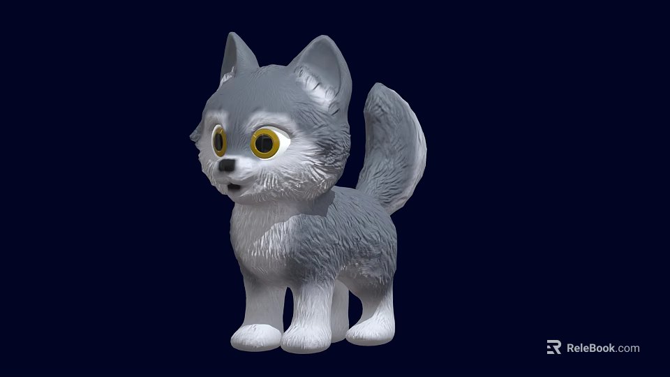 Cute Little Wolf Toy With Gray And White Fur And Yellow Eyes 3d model 