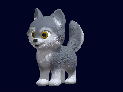 Cute Little Wolf Toy With Gray And White Fur And Yellow Eyes 3d model