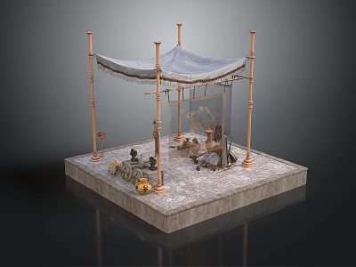 Canopy Structure With Copper Pillars Tables Chairs And Decorative Items On Platform 3d model