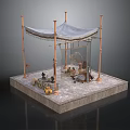 Canopy Structure With Copper Pillars Tables Chairs And Decorative Items On Platform