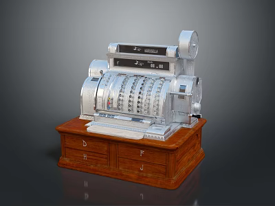 Vintage Cash Register For Daily Living With Wooden Base Drawers Silver Body Keypad And Screen 3d model