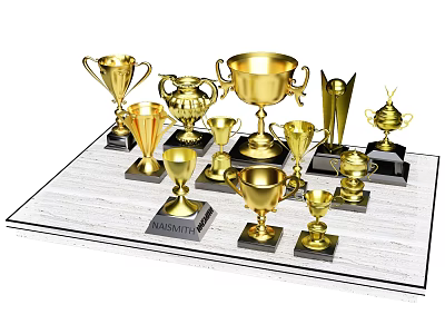 Golden Trophies and Medals Display on White Marble Stand with Different Shapes and Black Bases 3d model