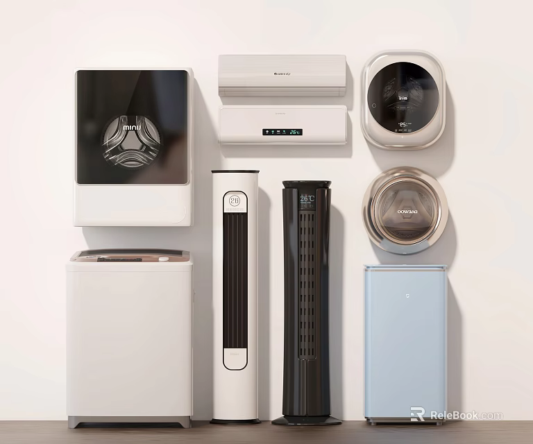 Various Types of Air Conditioners and Fans with Home Appliances Displayed on White Wall 3d model 