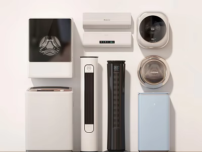 Various Types of Air Conditioners and Fans with Home Appliances Displayed on White Wall 3d model
