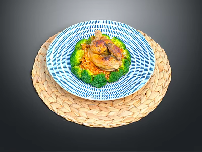 Delicious Grilled Chicken with Broccoli on Blue and White Plate and Woven Placemat 3d model