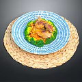 Delicious Grilled Chicken with Broccoli on Blue and White Plate and Woven Placemat