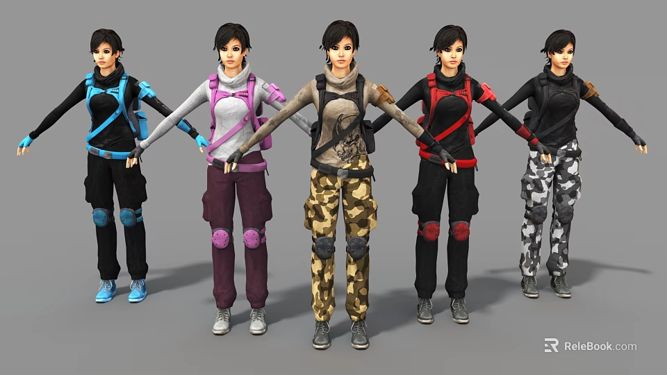Game Film Characters In Various Outfits With Different Colors Backpacks And Kneepads 3d model 