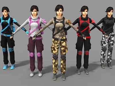 Game Film Characters In Various Outfits With Different Colors Backpacks And Kneepads 3d model