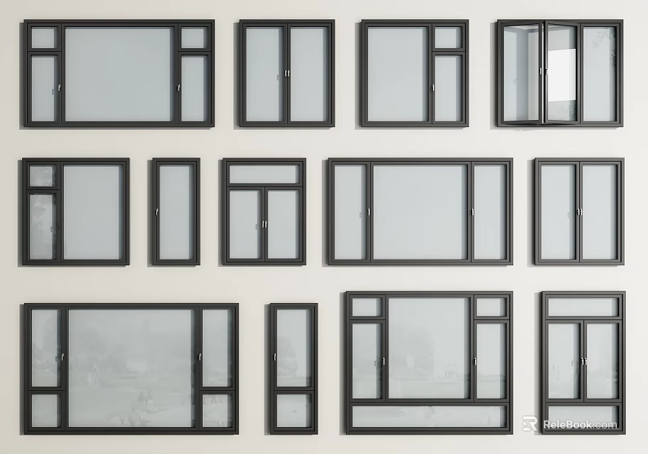 Various Home Window Designs With Black Frames And Glass Panels 3d model