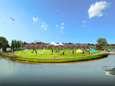 Waterfront Landscape With Green Lawn People Gathering White Colorful Tents Trees Birds And Boat 3d model
