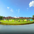 Waterfront Landscape With Green Lawn People Gathering White Colorful Tents Trees Birds And Boat