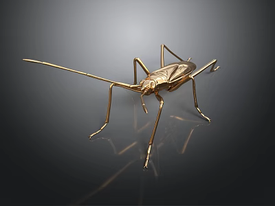 Golden Metallic Insect Sculpture With Long Antennae And Legs On Dark Background 3d model