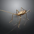 Golden Metallic Insect Sculpture With Long Antennae And Legs On Dark Background