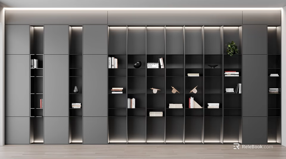 Modern Gray Bookcase With Open Shelves Featuring Books Decorative Items And Potted Plant Interior Design 3d model 