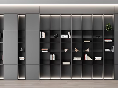 Modern Gray Bookcase With Open Shelves Featuring Books Decorative Items And Potted Plant Interior Design 3d model
