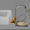 Transparent Spherical Indoor Pet Cage With Wooden Base Near Gray Sofa And Orange Cat