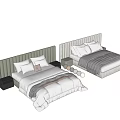 Modern Double Bed With Vertical Panel Headboard Soft Bedding And Wooden Nightstand 3d model