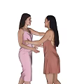 Two Women Dressed In Elegant Dresses And High Heels Interacting
