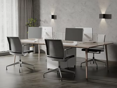 Modern Office Desk Setup With Black Chairs Computer Monitors And Wall Lamps 3d model