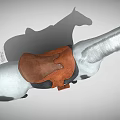A gray and white horse with black spots brown saddle white mane and black tail