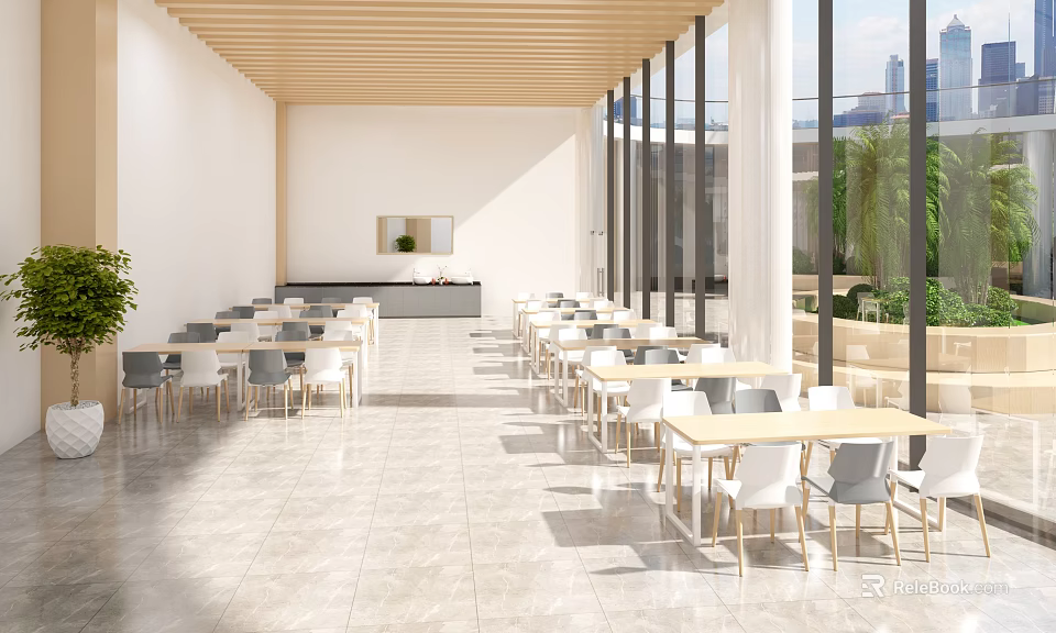 Modern Restaurant Dining Area With Large Windows Natural Light And Wooden Ceiling 3d model 