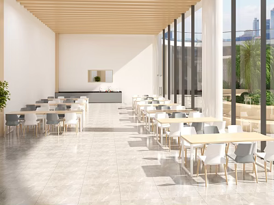 Modern Restaurant Dining Area With Large Windows Natural Light And Wooden Ceiling 3d model