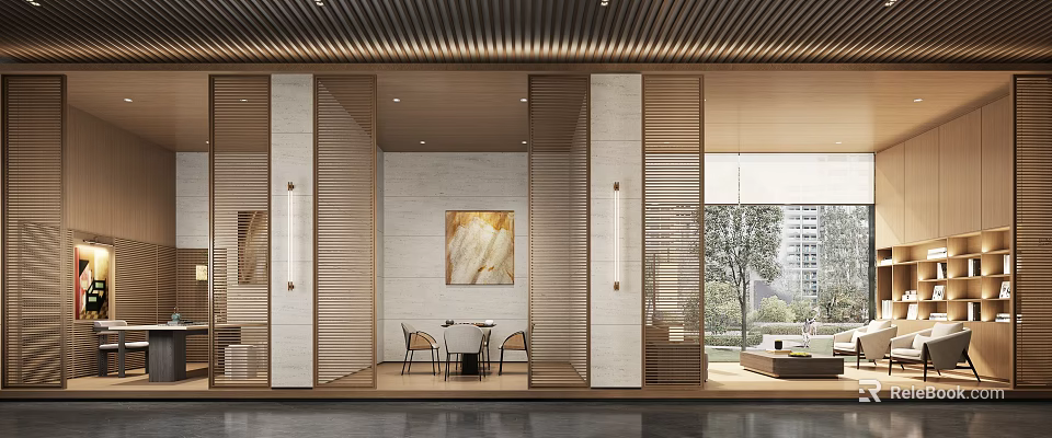 Modern Interior Space With Wooden Partitions Dining Table Chairs And Window View 3d model