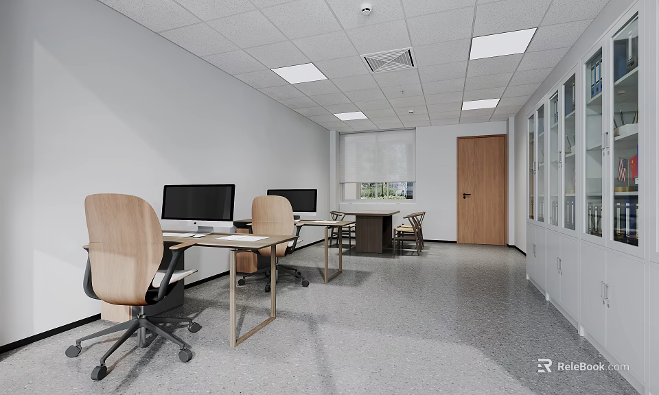 Modern Office Interior With Desks Computers Office Chairs Windows And Cabinets 3d model
