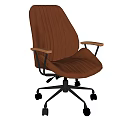 Brown Leather Ergonomic Office Chair With Wooden Armrests And Swivel Wheels