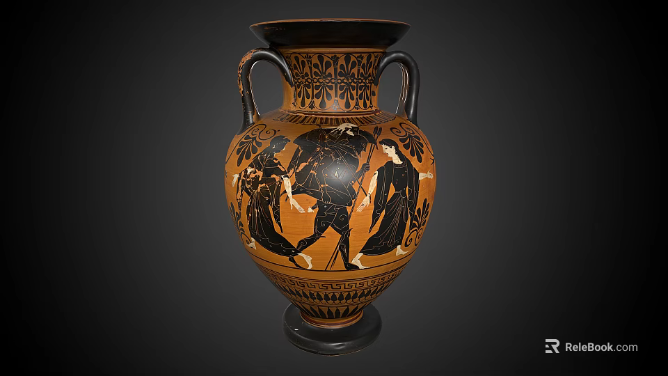 Ancient Greek Hand Painted Ceramic Amphora With Two Handles And Black Orange Figural Decorative Patterns 3d model 