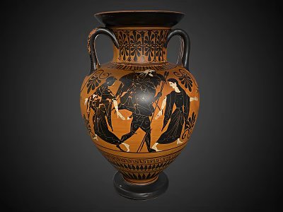 Ancient Greek Hand Painted Ceramic Amphora With Two Handles And Black Orange Figural Decorative Patterns 3d model