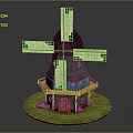 Detailed Windmill Model With Wooden Structure Black Roof Blue Walls And Red Door