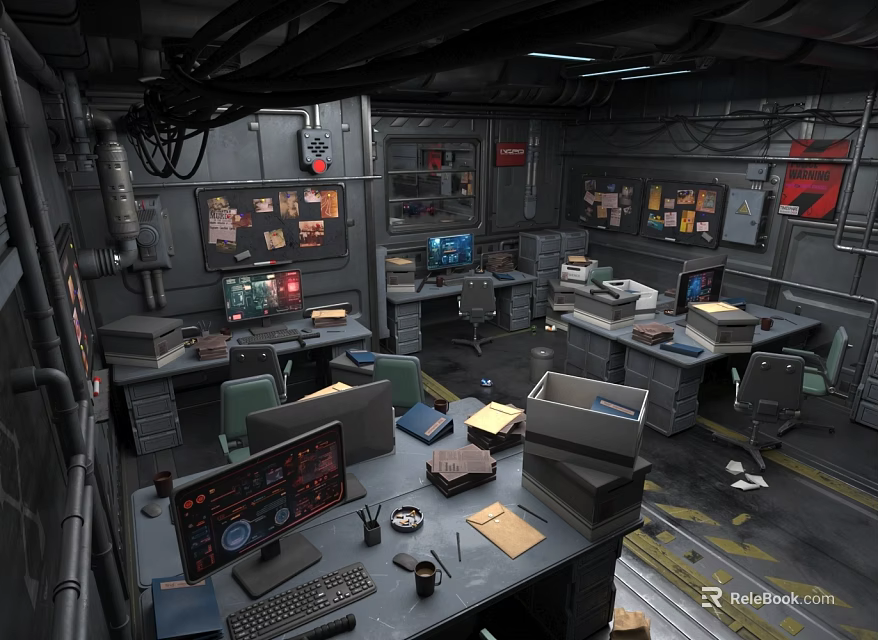 Industrial Tech Office Interior With Multiple Desks Computer Monitors Documents Cables And Shelves 3d model 