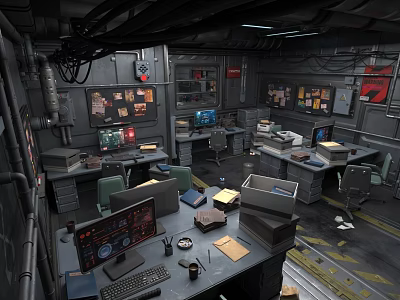 Industrial Tech Office Interior With Multiple Desks Computer Monitors Documents Cables And Shelves 3d model