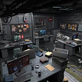 Industrial Tech Office Interior With Multiple Desks Computer Monitors Documents Cables And Shelves 3d model