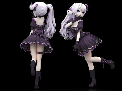 Anime Game Character Figure With Long White Hair Twin Ponytails Purple Dress And Black Boots 3d model