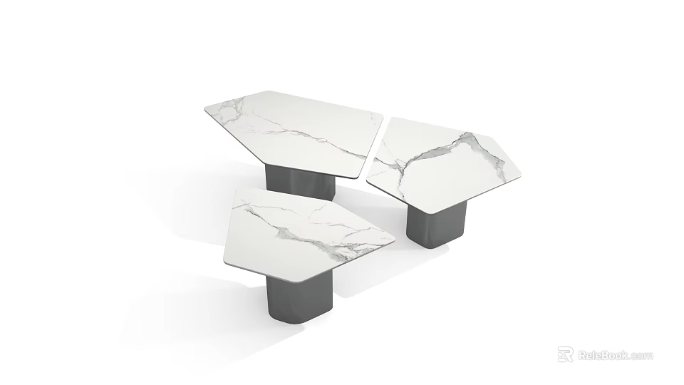 Modern Geometric Coffee Table Set With White Marble Top And Black Base 3d model