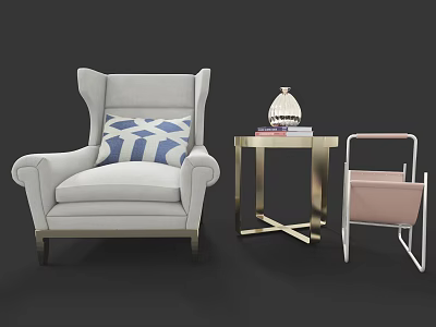 Light Gray Armchair With Blue White Geometric Pillow Side Table Lamp Books And Pink Basket 3d model