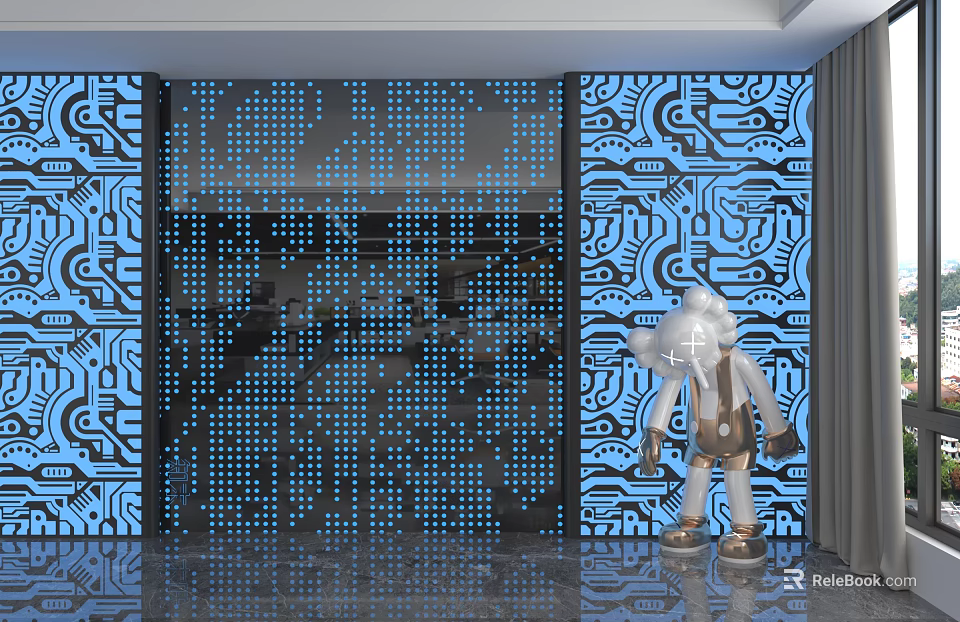 Modern Background Wall With Blue Patterned Designs Tech Inspired Decor And Robot Accent 3d model 